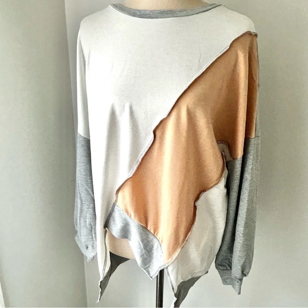 🌸NWOT Patchwork/Colorblock Long Sleeve Top. Tan, Grey & White. 1 SM 1 MED 1 LG - Picture 10 of 11